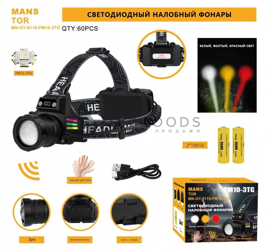 Фонарь налобный MN-GY-8118-PM10-3TG (HT-3323) оптом