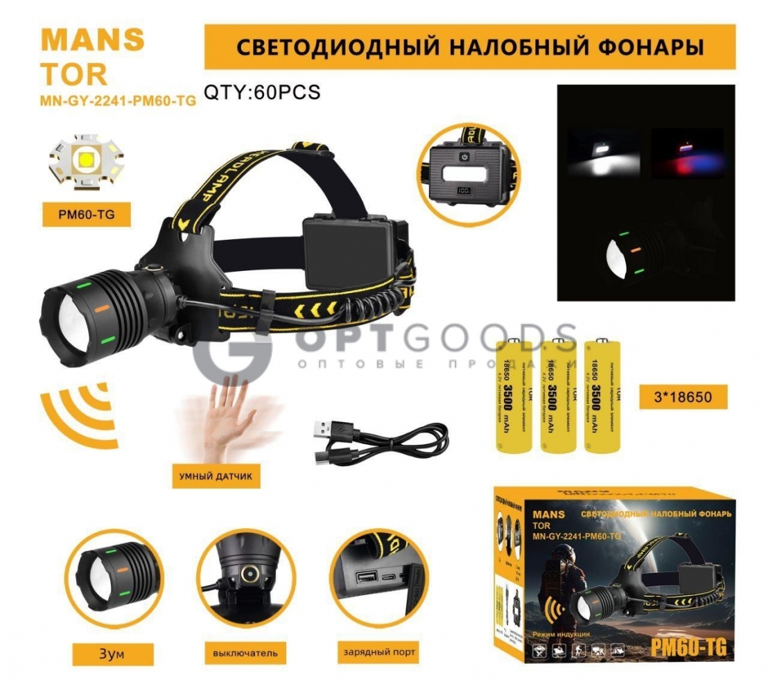 Фонарь налобный MN-GY-2241-PM60-TG (H-3108) оптом